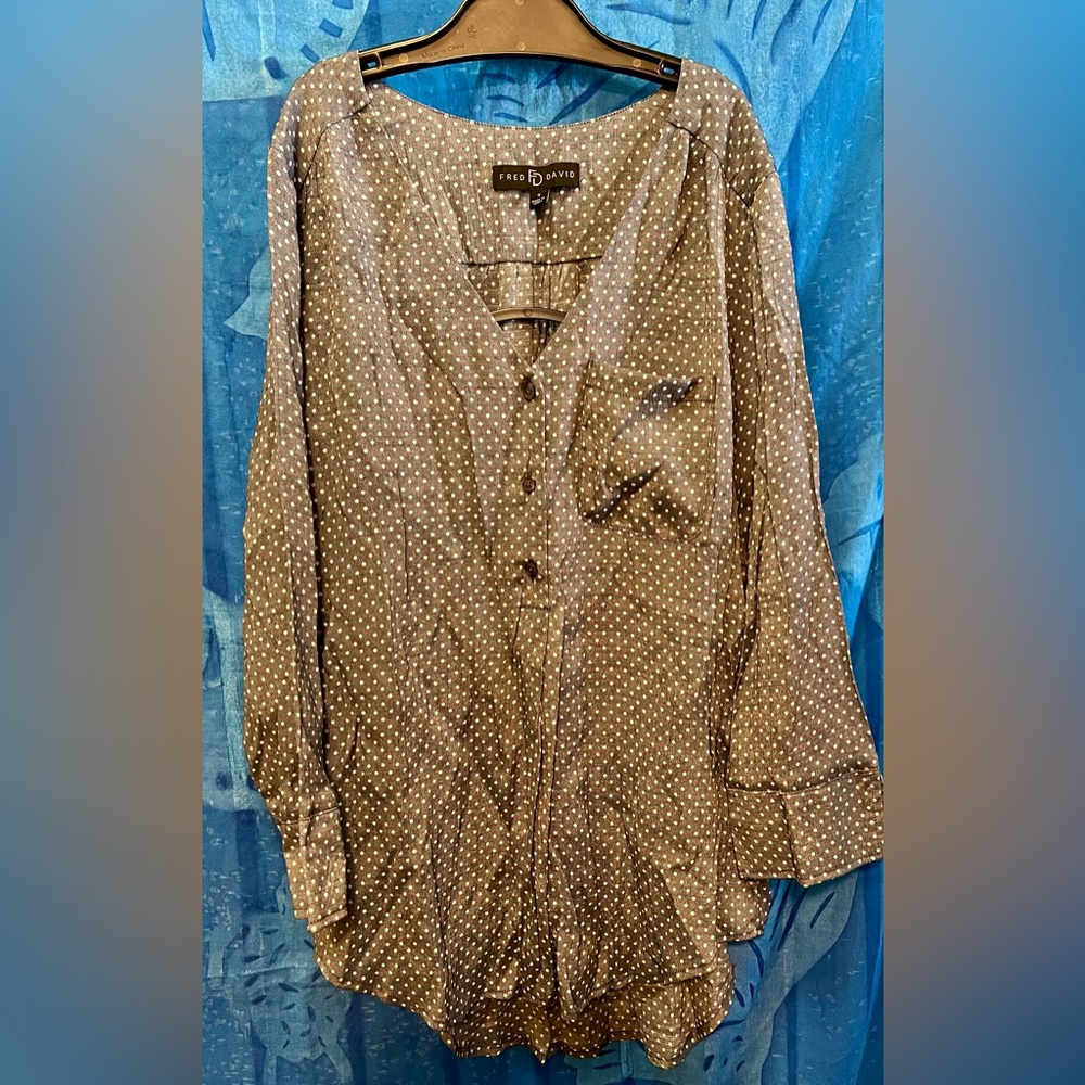 Fred David Blue Boxy Blouse with Mandarin Collar